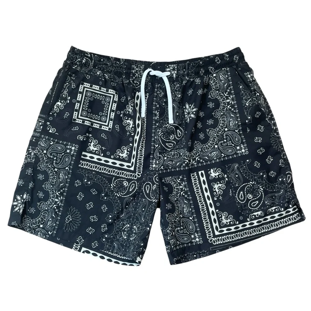 Maison Article Men's Black White Paisley Printed Swim Trunks Shorts Size XL